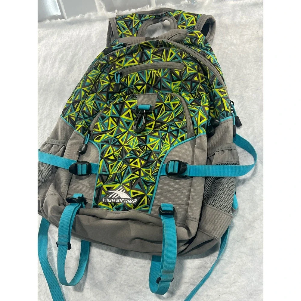 High Sierra Geometric Backpack Gray Lime Teal Suspension Strap School Bag